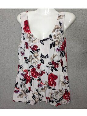 White House Black Market Sz M Floral Sleeveless Layered Ruffle Blouse Red White